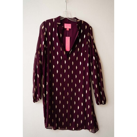 Lilly Pulitzer Shea Silk Dress Cabernet Berry Metallic Diamond Clip 10 cocktail - Picture 1 of 6